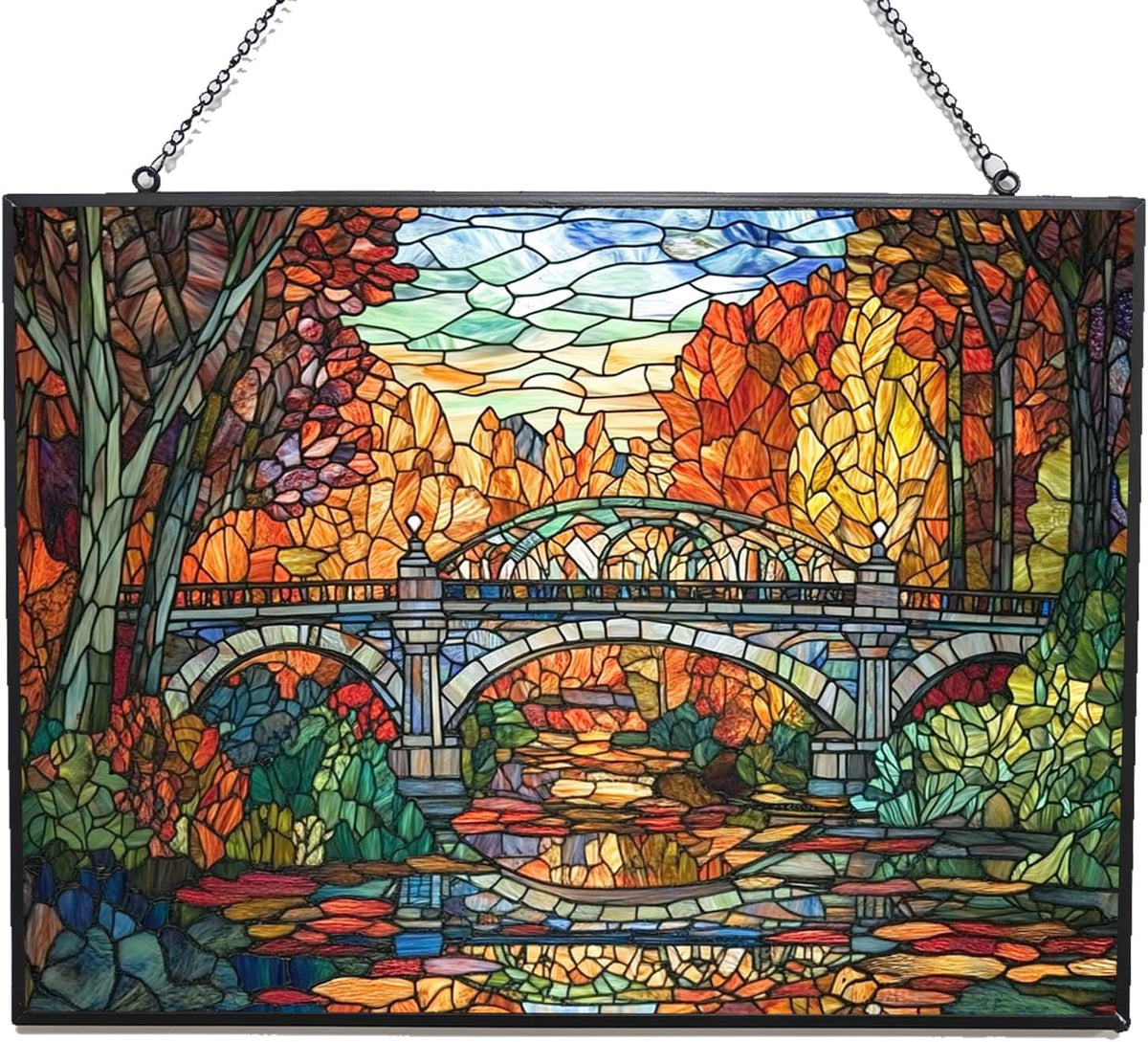Rectangle Art Nouveau Forest Train Bridge Stained Glass Sun Catcher, Wall Hanging Colored Decor