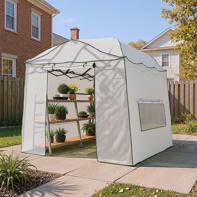 8.5 x 7 FT Walk-in Greenhouse, Portable Pop-up Green House 3 Adjustable Hights Heavy Duty Plant