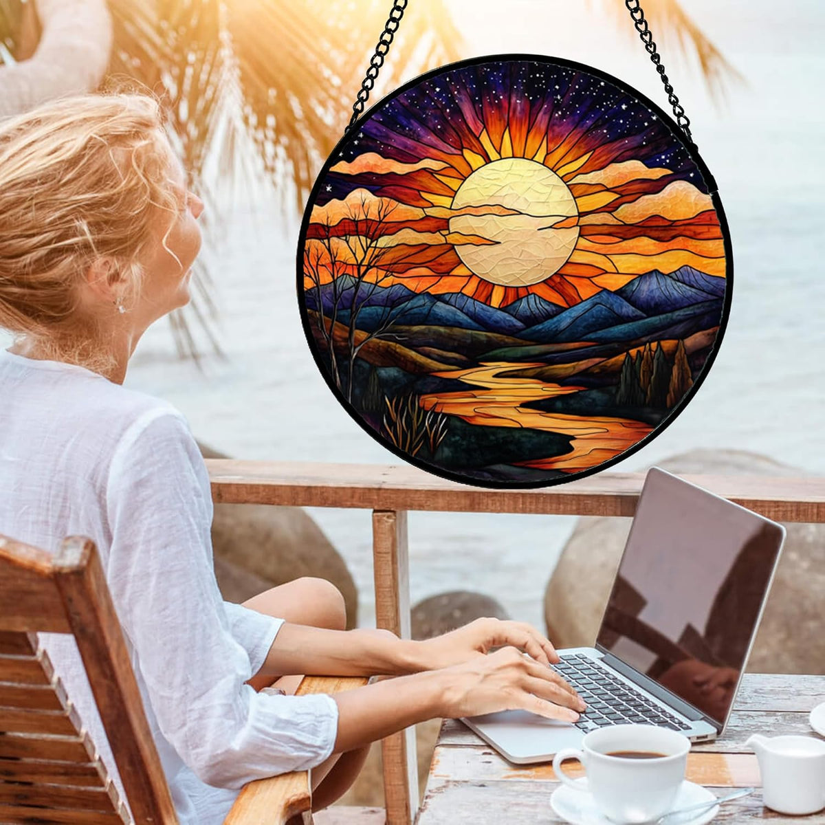 Stained Glass Window Hanging, The Sun Shines Brightly on Lake Sun Catchers Colorful Glass Panel