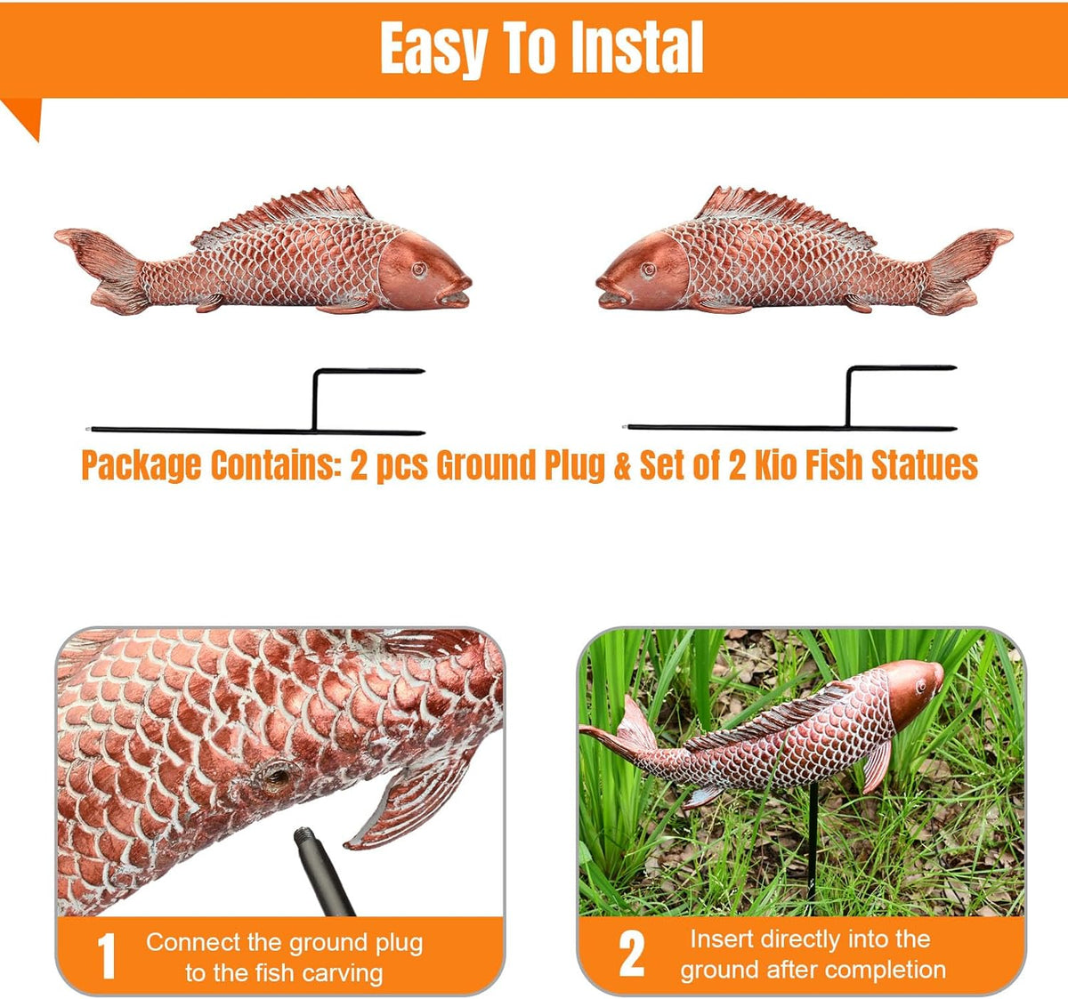 Garden Statues Koi Fish Decor Outdoor Garden Fish Statues, Set of 2 Antique Copper Koi Art