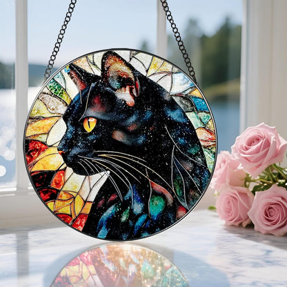 8″ Stained Glass Window Hanging Ornament, Black Cat Stained Glass Suncatcher Ornament, Sun-Catcher