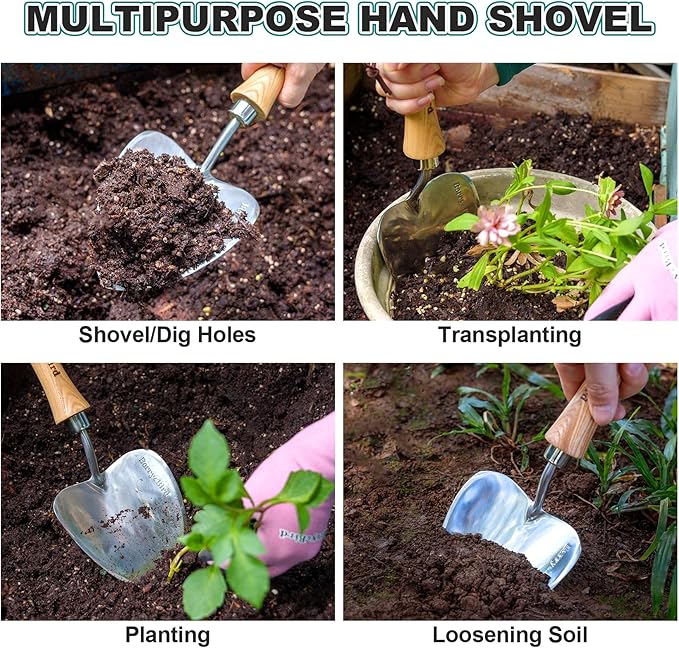 Berry&Bird Potting Trowel, Oversized Garden Hand Shovel with Sharp Blade & Wood Handle, Stainless