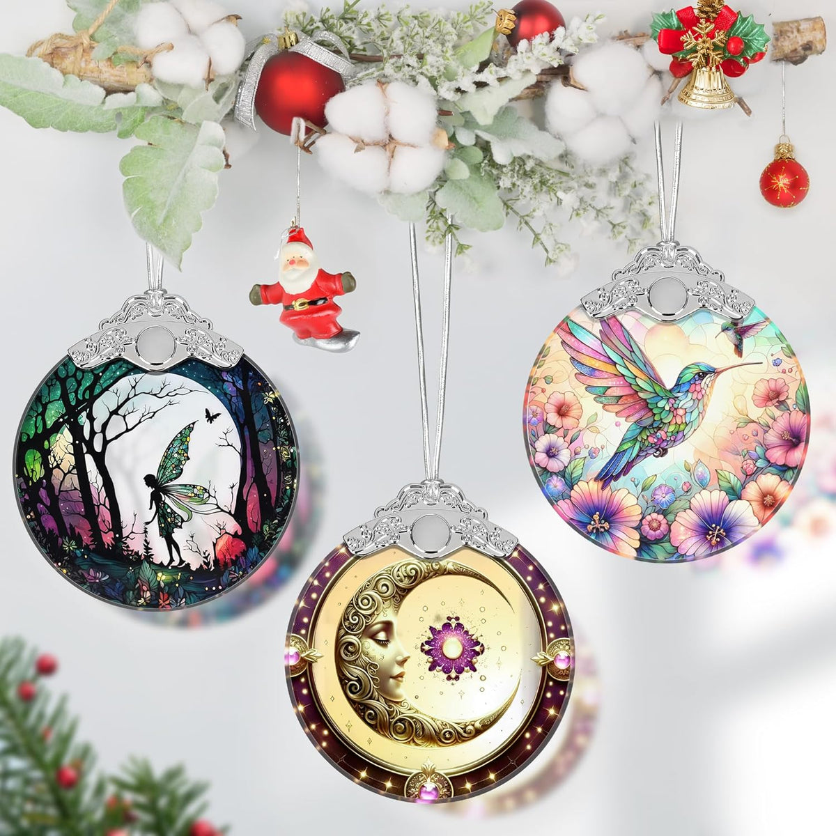 Sun and Moon Stained Glass Ornament, Xmas Ornaments, Sun and Moon Christmas Decor, Ornaments for