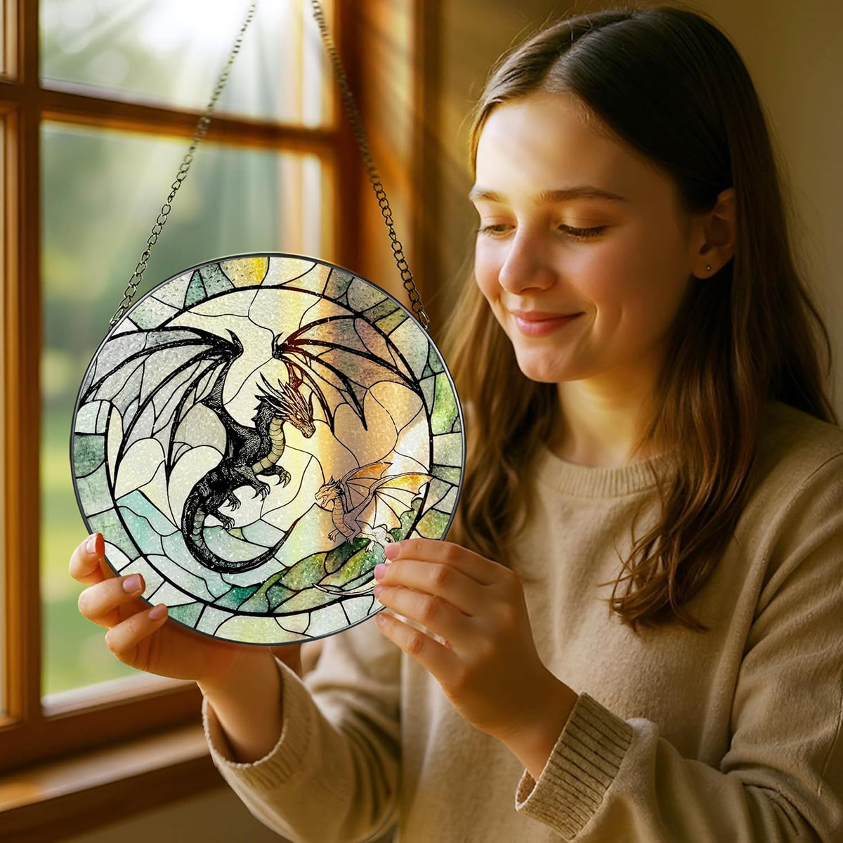Stained Glass Window Hanging, Pauyadu 8 Inch Dragon Suncatcher Ornament, Stained Glass Suncatcher