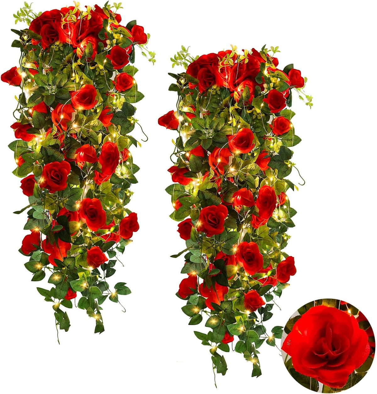 RECUTMS Hanging Flowers Artificial Hanging Rose Flower 2PCS 3.3Ft for Outdoors with 30 LED Fairy