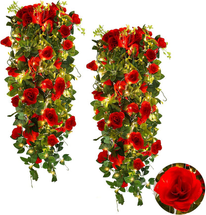 RECUTMS Hanging Flowers Artificial Hanging Rose Flower 2PCS 3.3Ft for Outdoors with 30 LED Fairy