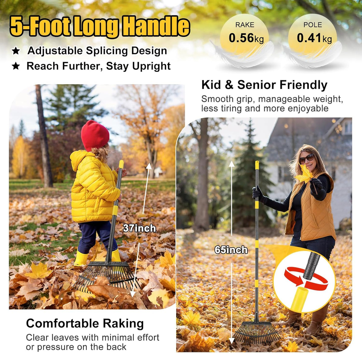 Garden Rake for Leaves: 18” Wide Metal Leaf Rake, 65” Long Adjustable Handle, Heavy Duty 25 Teeth