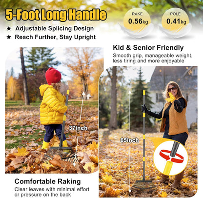 Garden Rake for Leaves: 18” Wide Metal Leaf Rake, 65” Long Adjustable Handle, Heavy Duty 25 Teeth