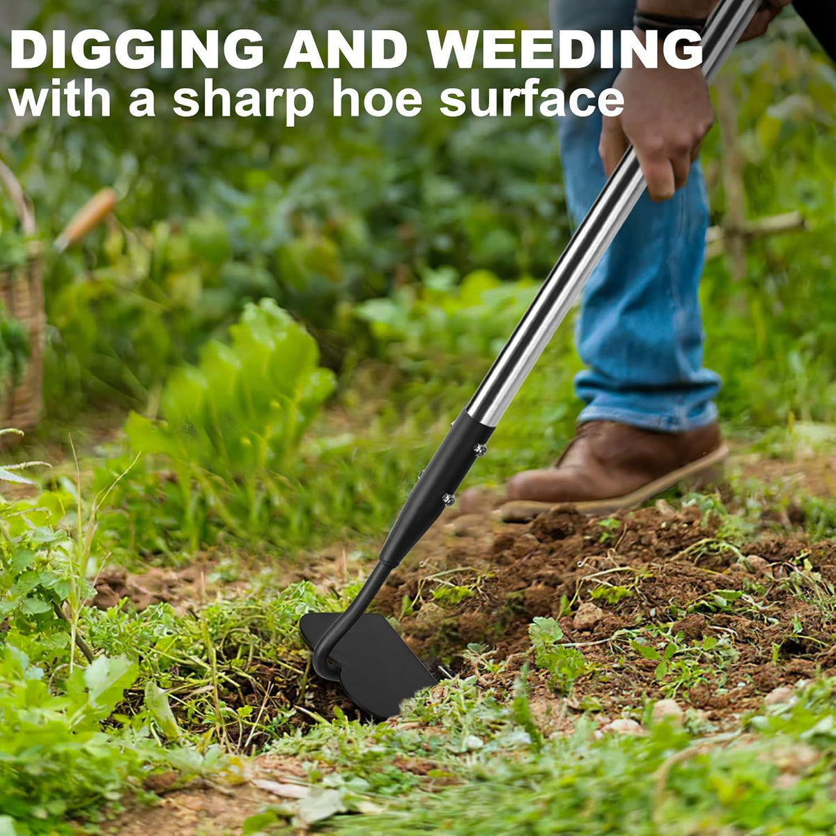 Garden Hoe, Long Handle Hoe Garden Tool with Non-Slip Silicone Cover, 56-Inch Stainless Steel