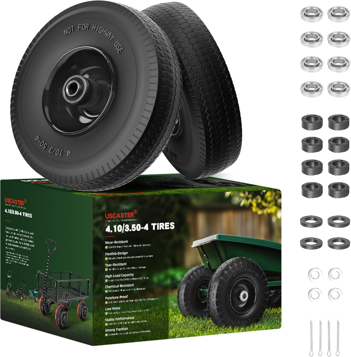 4.10/3.50-4 Tire and Wheel Flat Free,10-Inch Solid Wheel Replacement with 5/8 Extra 3/4 &1/2