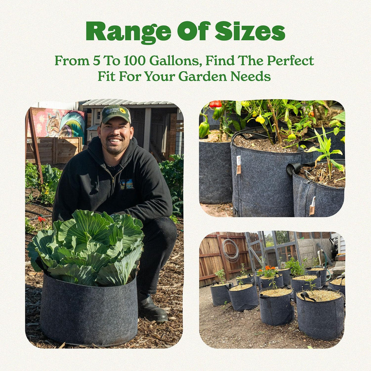 Epic Gardening 5 Pack 15 Gallon Grow Bags with Handles (Lined) - Heavy Duty Fabric Pots for