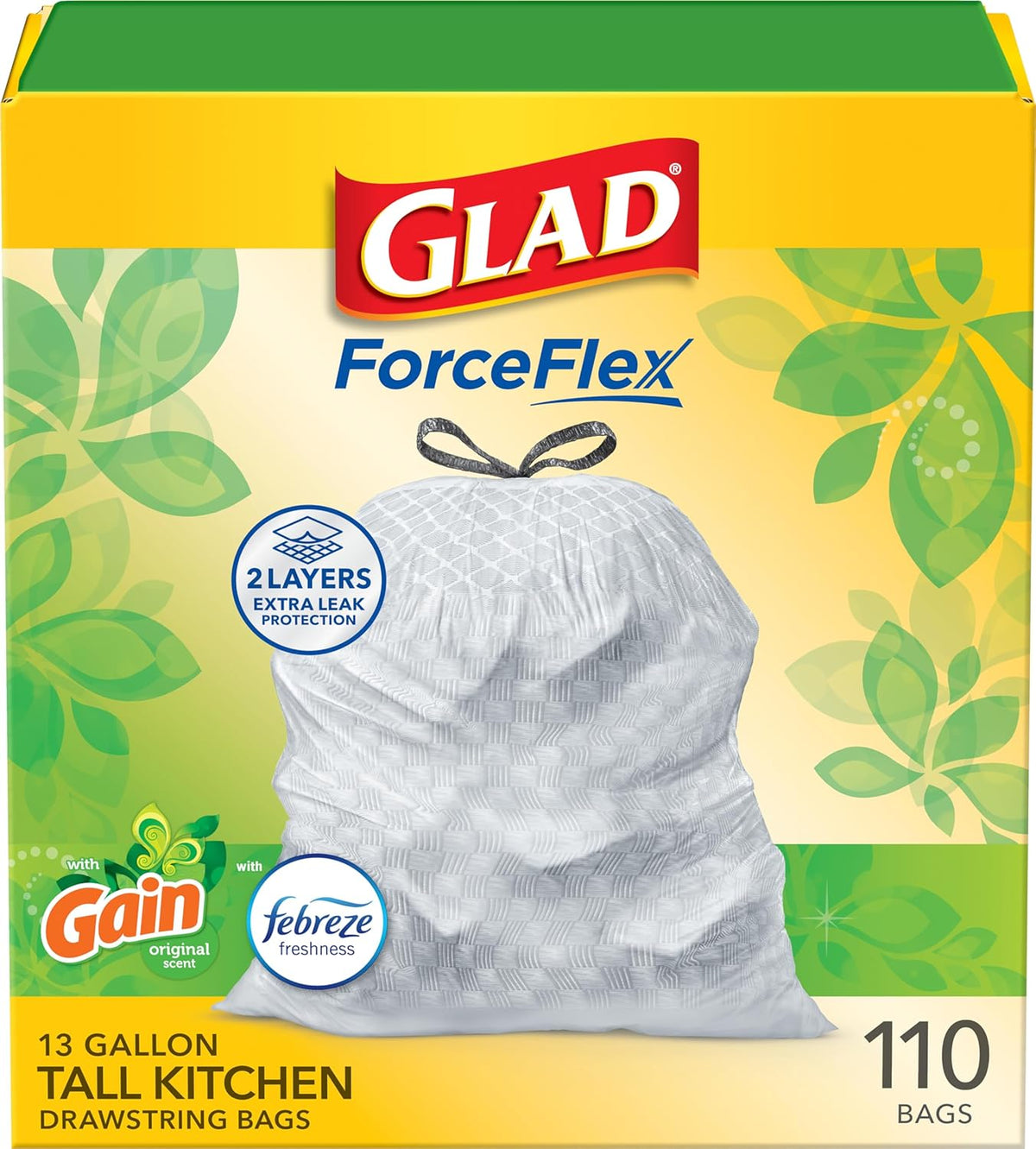 Glad ForceFlex Tall Kitchen Trash Bags, 13 Gallon, Gain Original, 110 Count (Package May Vary)