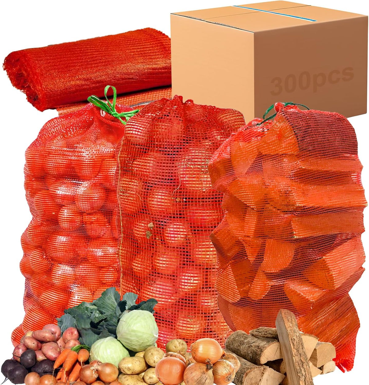 300 Pack 20'' x 14'' Mesh Onion Bags, Reusable Drawstring Fresh Produce Storage Bags for Onions