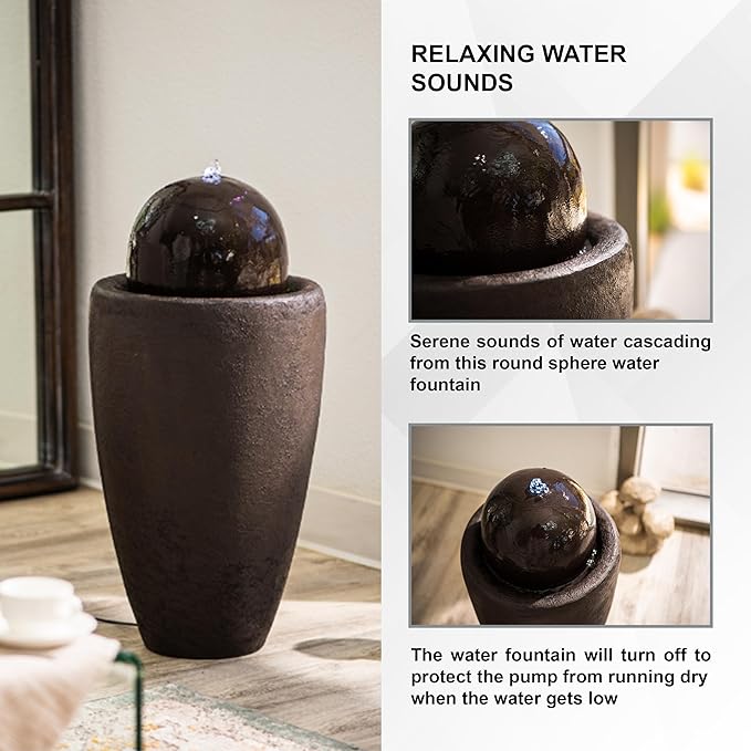 XBrand 25.98" H Round Stone Indoor/Outdoor Modern Stone Textured Sphere Water Fountain with LED