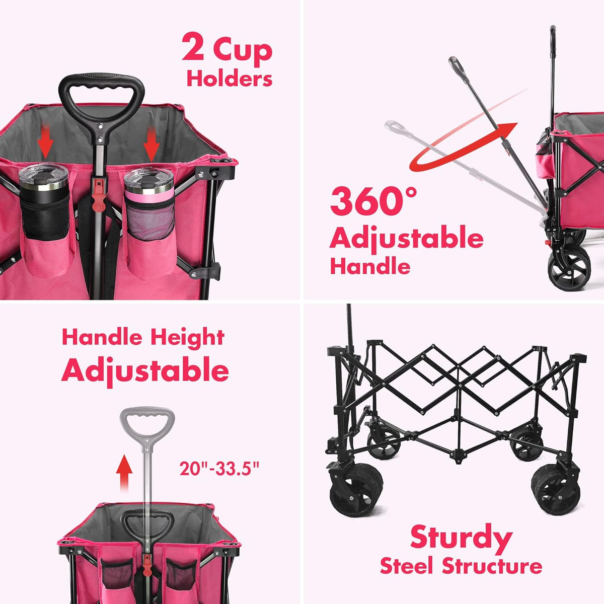 VILLEY Collapsible Folding Wagon with Big Wheels, Enlarged 225lbs Capacity, All Terrain Wagons