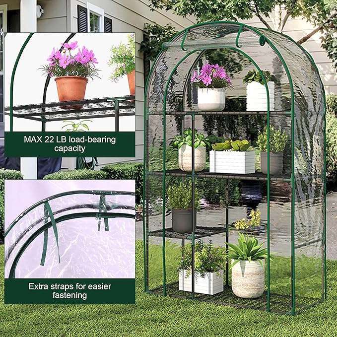 4-Tier Mini Greenhouse, 40 x 18 x 63 inch Steel Frame and PE Cover Plastic Plant Rack Stand Green
