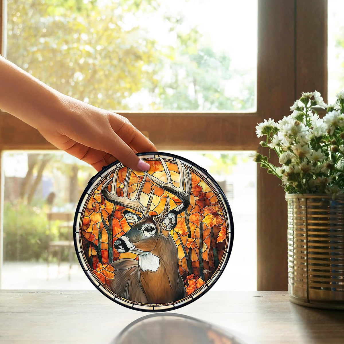 TNUW Fall Deer Stained Glass Window Hanging, Rustic Autumn Forest Wildlife Deer Sun Catchers Indoor