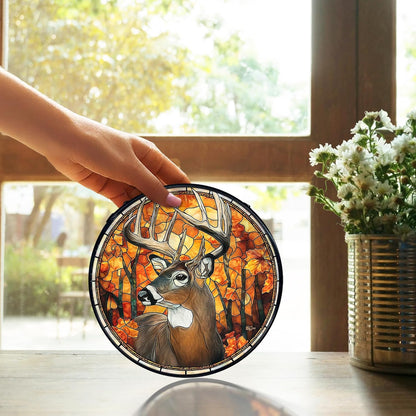 TNUW Fall Deer Stained Glass Window Hanging, Rustic Autumn Forest Wildlife Deer Sun Catchers Indoor