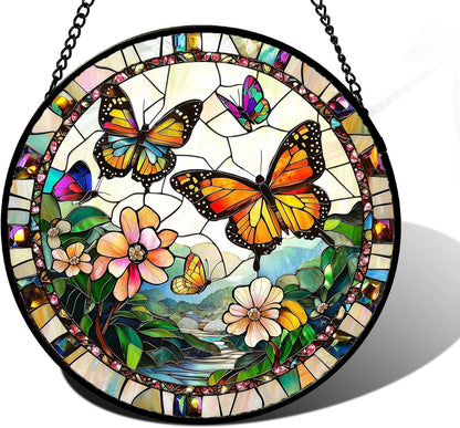 Stained Glass Window Hanging, Butterflies Flying in The Sky Suncatcher for Doors Home Sun Catchers