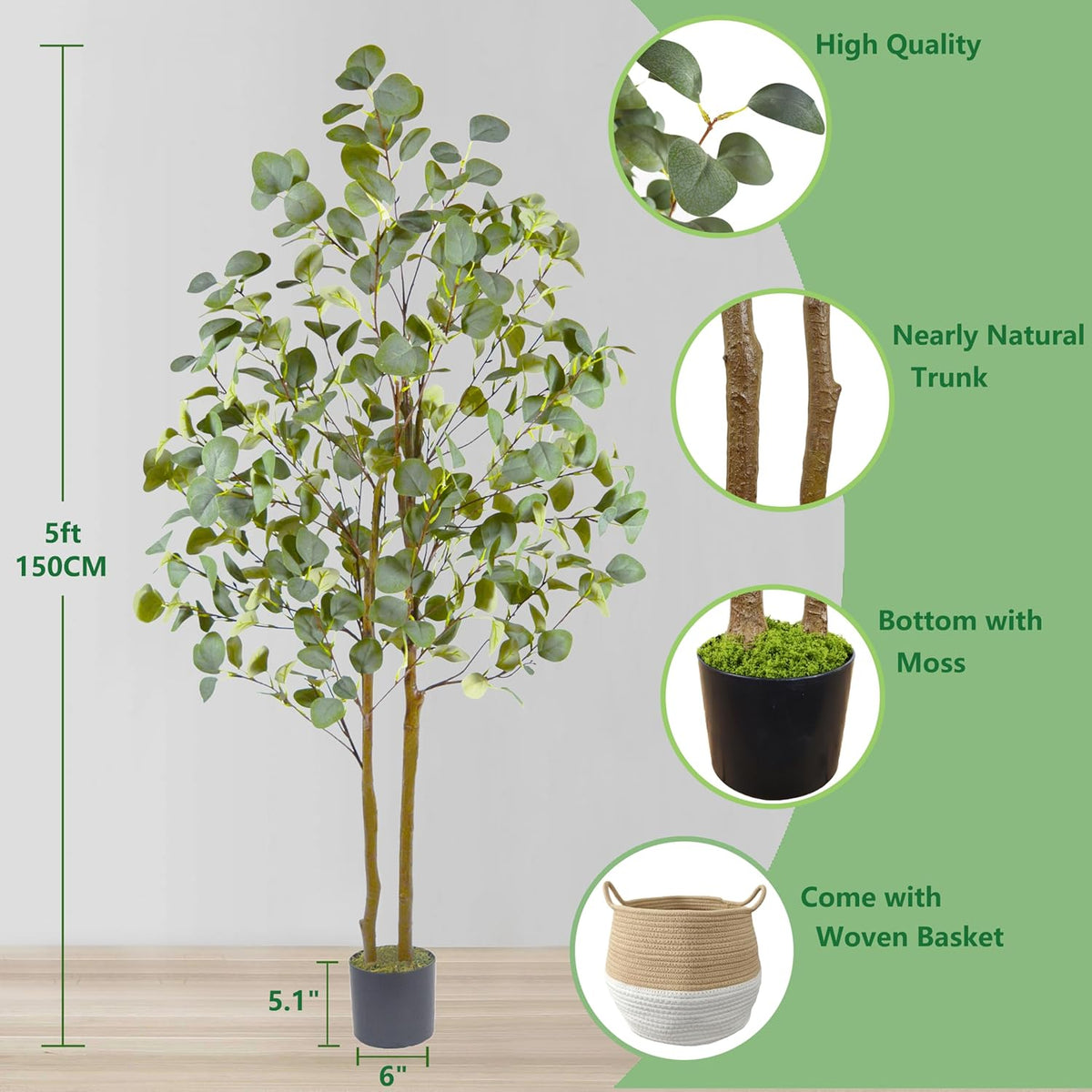 Artificial Eucalyptus Tree, 5ft Tall Fake Eucalyptus Plant with Woven Basket, 60'' Silk Leaves Faux