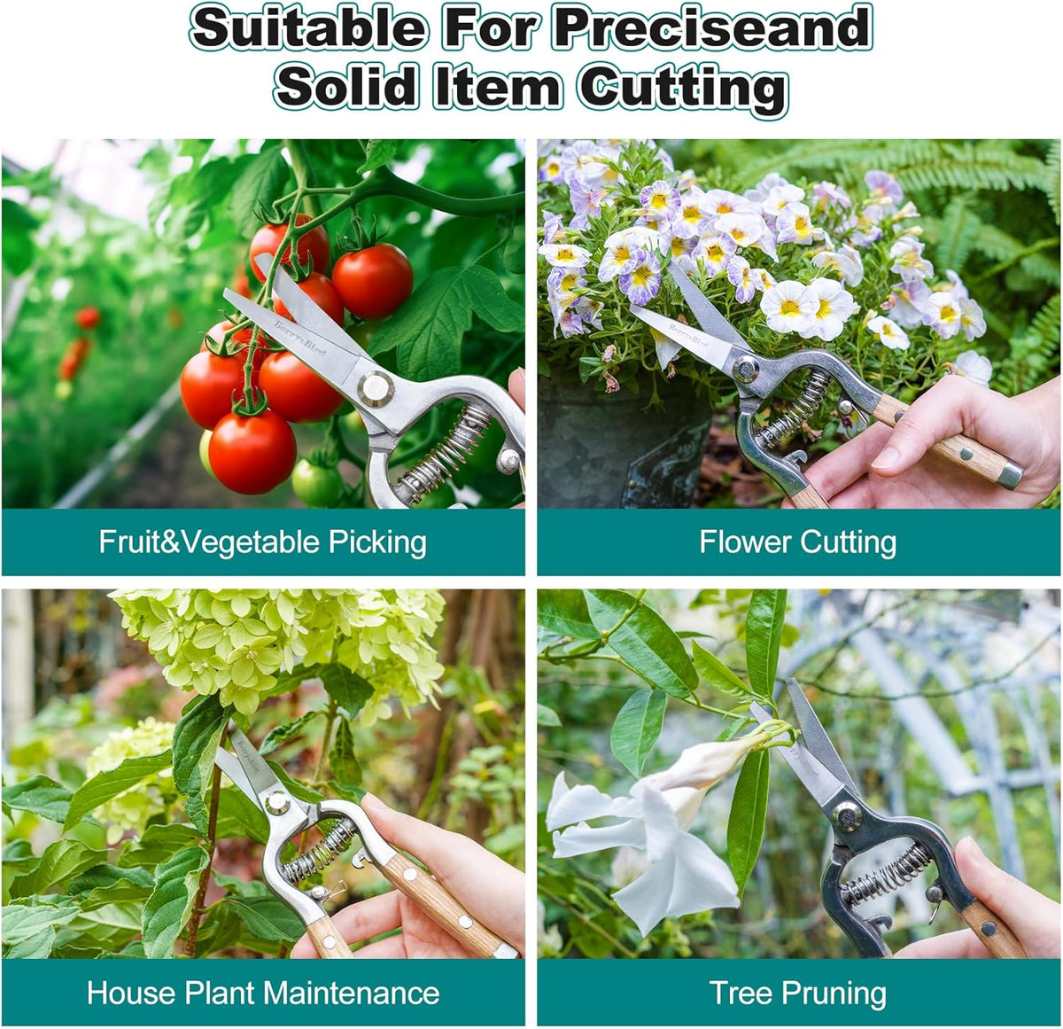 Berry&Bird Straight Pruning Shears with Stainless Steel Blades Garden Hand Pruner 8'' Scissors with