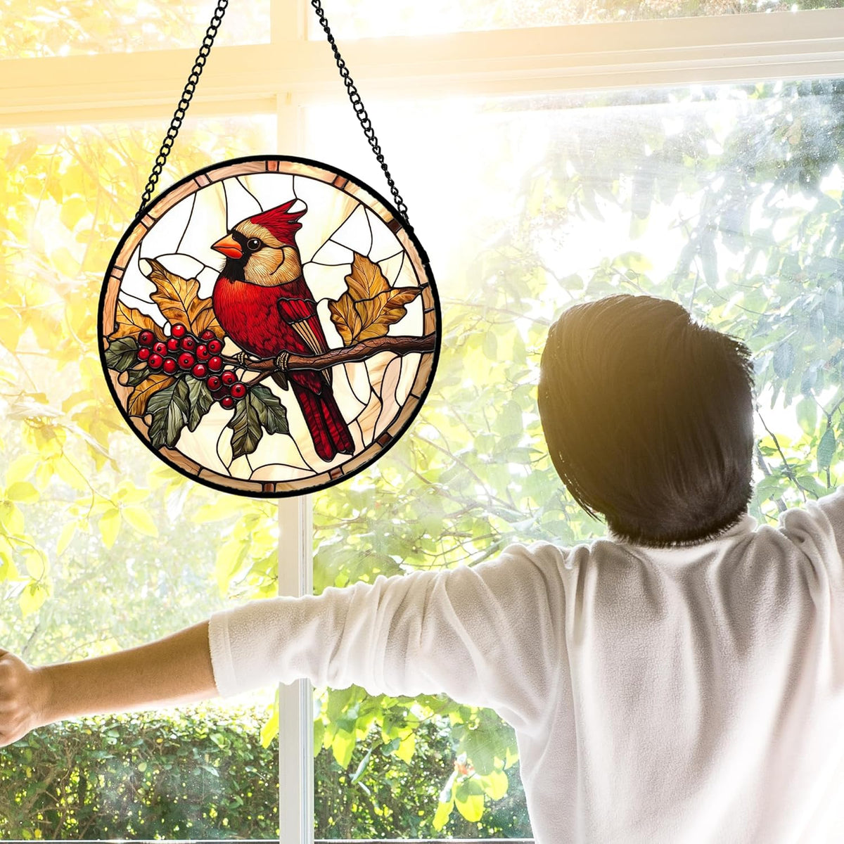 Stained Glass Window Hanging, Birds on a Branch Cardinal Sun Catchers Diamond Glass Panel Hangings