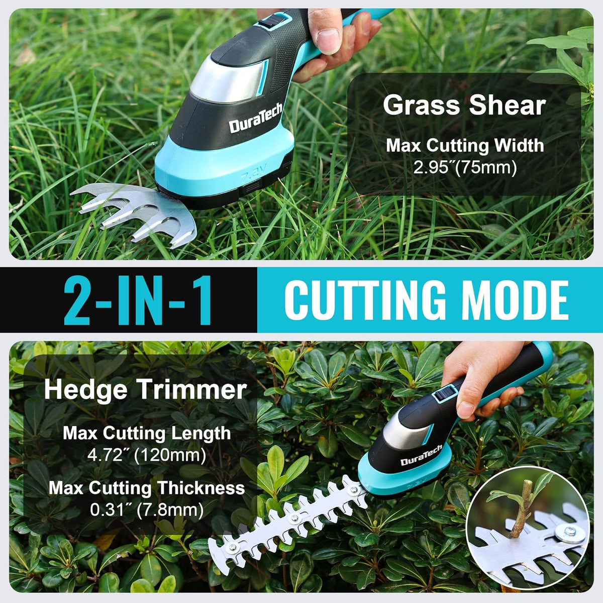 DURATECH Cordless Hedge Trimmer, 7.2V 2-in-1 Handheld Rechargeable Grass Trimmer & Hedge Shears