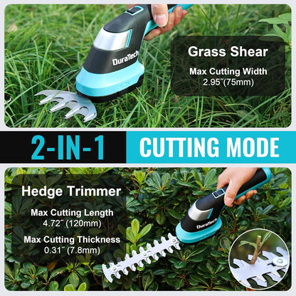 DURATECH Cordless Hedge Trimmer, 7.2V 2-in-1 Handheld Rechargeable Grass Trimmer & Hedge Shears