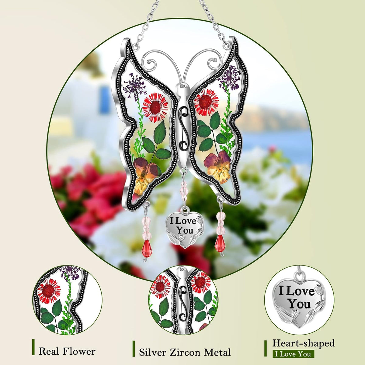 KY&BOSAM Butterfly Suncatcher Mom Gifts Stained Glass Sun Cathers for Window Hanging Wind Chime