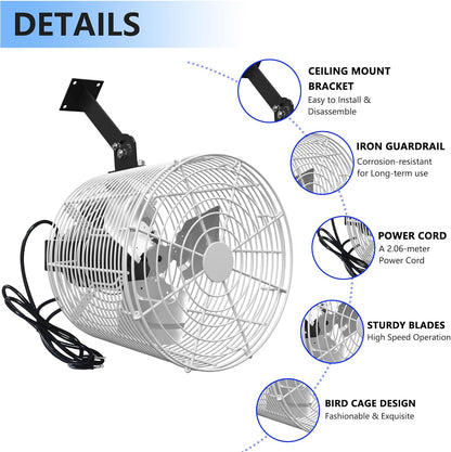 Greenhouse Air Circulation 1/10 HP 115V Ceiling Wall Mount Fan 1470CFM High Speed Circulation Fan