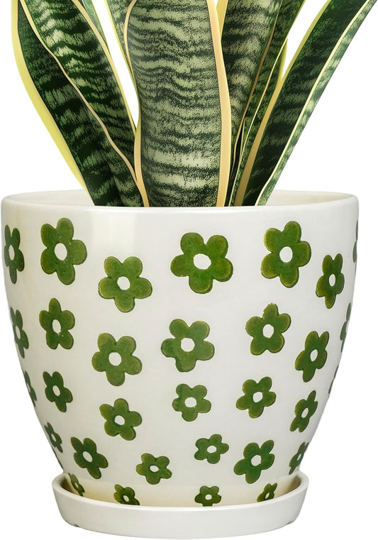8.2 Inch Plant Pot - Ceramic Flower Pot Indoor with Drainage Hole and Saucer, Boho Round Decorative