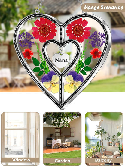 KY&BOSAM Heart Suncatcher Nana Stained Glass Panles Hangings for Windows Ornament Sun Catchers with