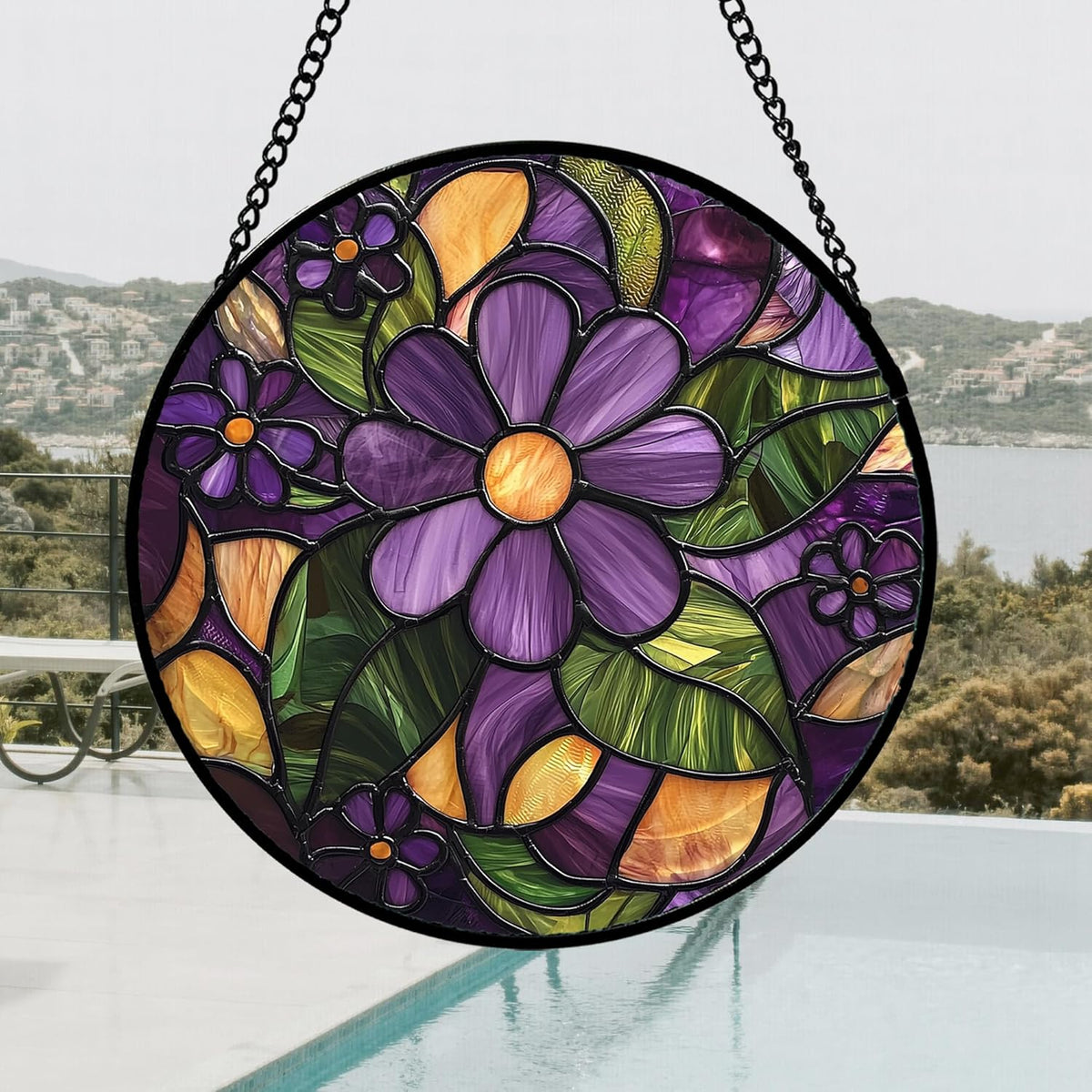 Stained Glass Window Hanging, Purple Green Flowers Sun Catcher for Door Home Decor Plants