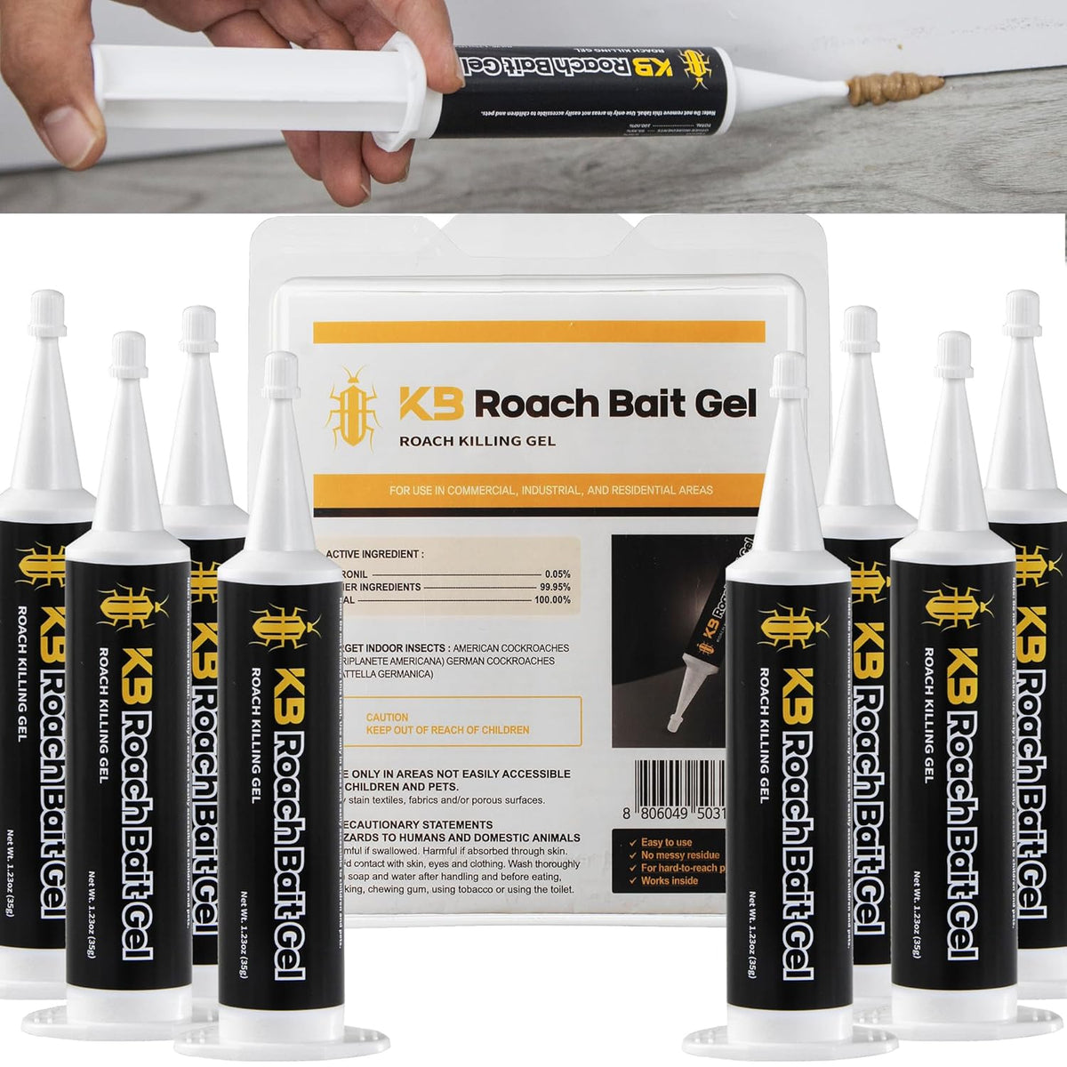 Cockroach Killer Indoor Home Gel (8 PCS) - Combat Gel Alternative with Fipronil 0.05% | Roach Bait