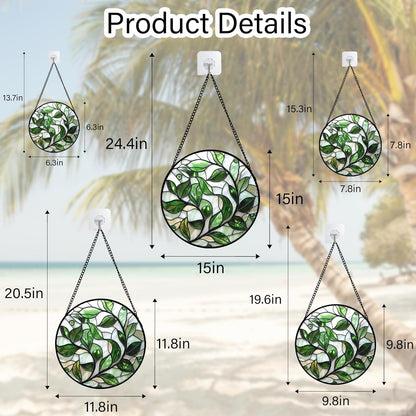 Stained Glass Window Hanging - White Green Leaves Suncatcher for Doors Window Home Plant Sun