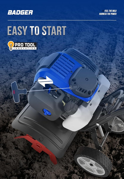 WILD BADGER POWER Garden Tiller 53cc Mini Cultivator 15 inch Powerful Liftable Booster Rod Tilling
