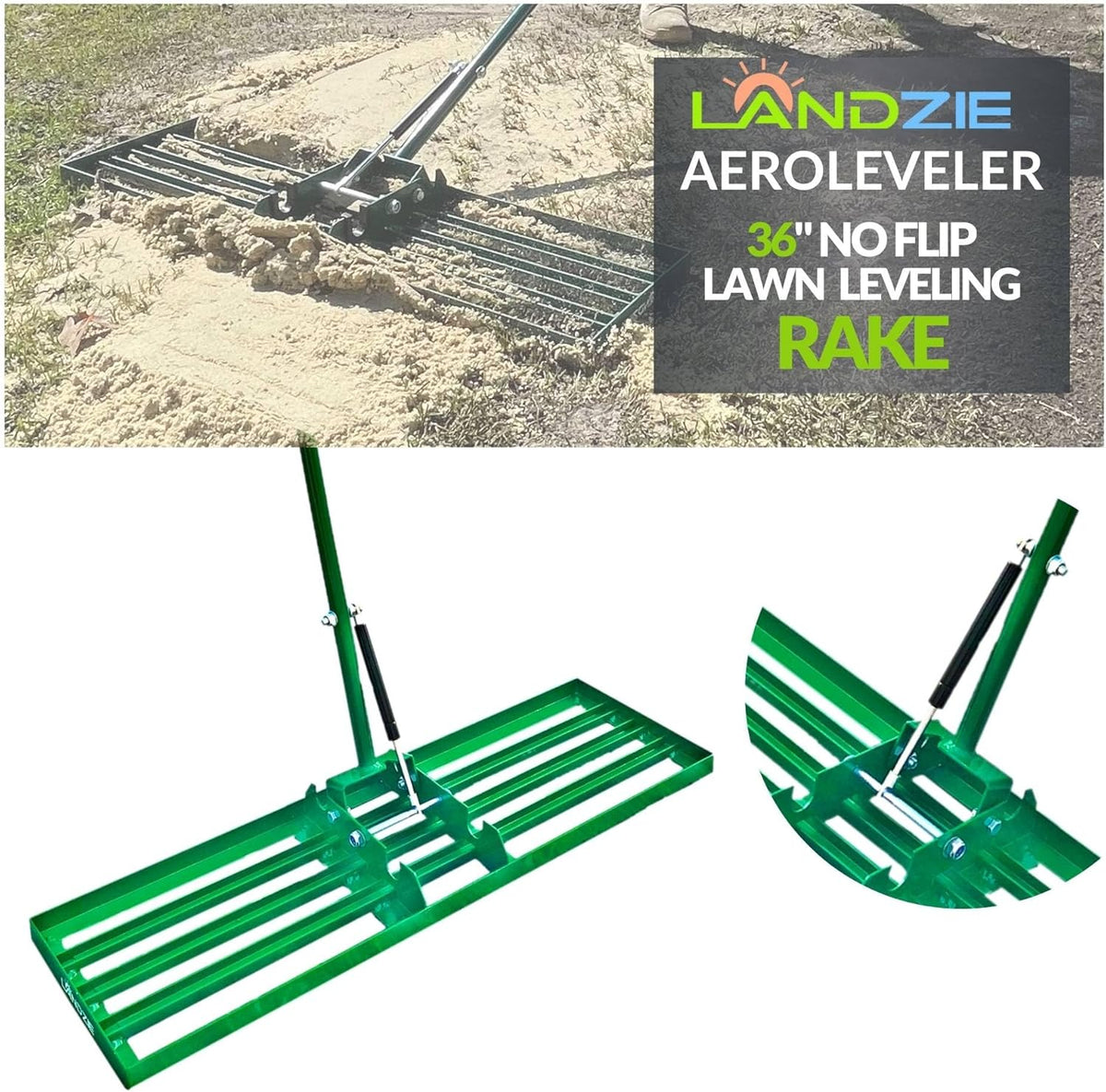 Landzie AeroLeveler - The Lawn Leveling Rake That Never Flips - Patented 36 inch Wide Pneumatic