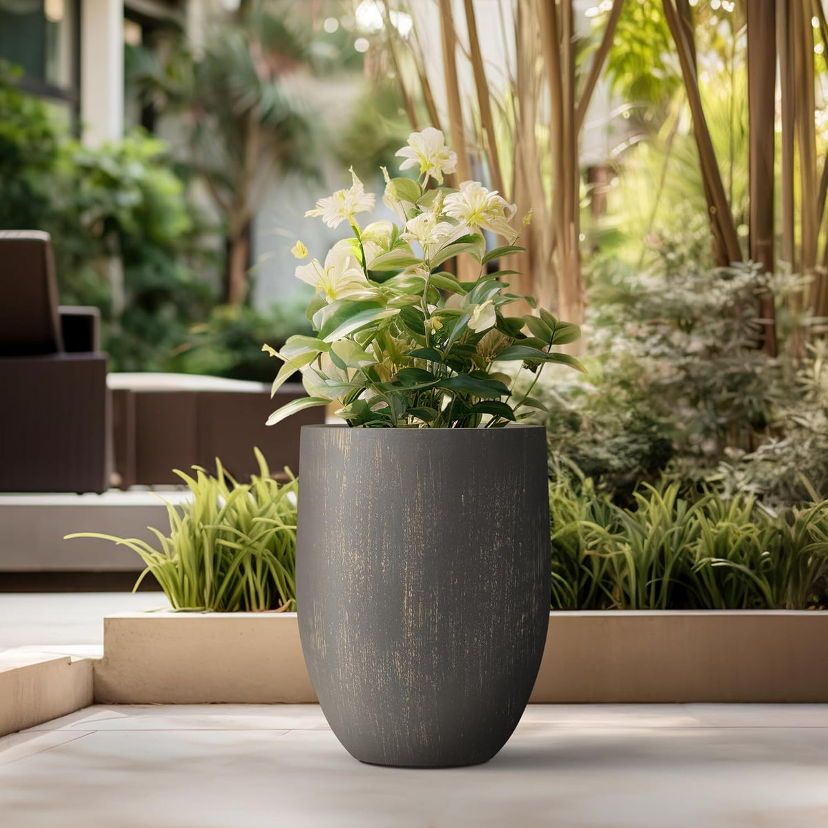 Kante Tall Concrete Planter, 21.7-Inch Height Antique Bronze Large Indoor Outdoor Plant Pot with