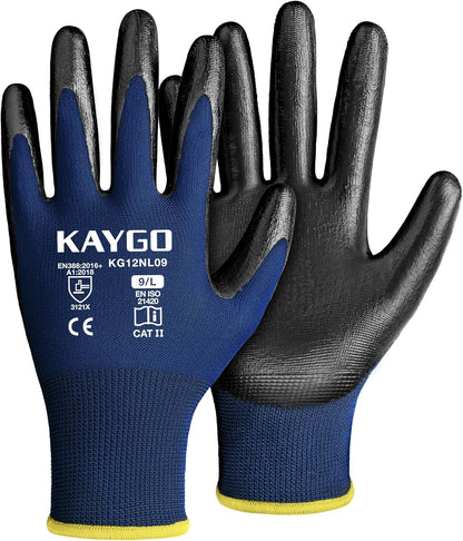 KAYGO Work Gloves Nitrile Coated, 12 Pairs KG12N，Seamless Knit, Protective Safety Work Gloves with