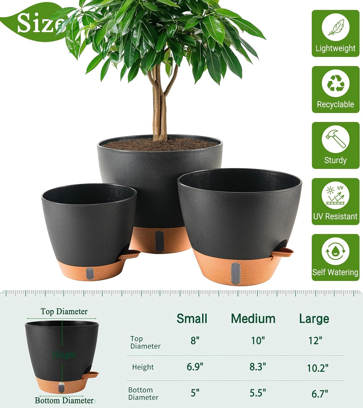 8/10/12 Inch Self Watering Pots for Indoor/Outdoor Plants - Large Plastic Planter with Drainage