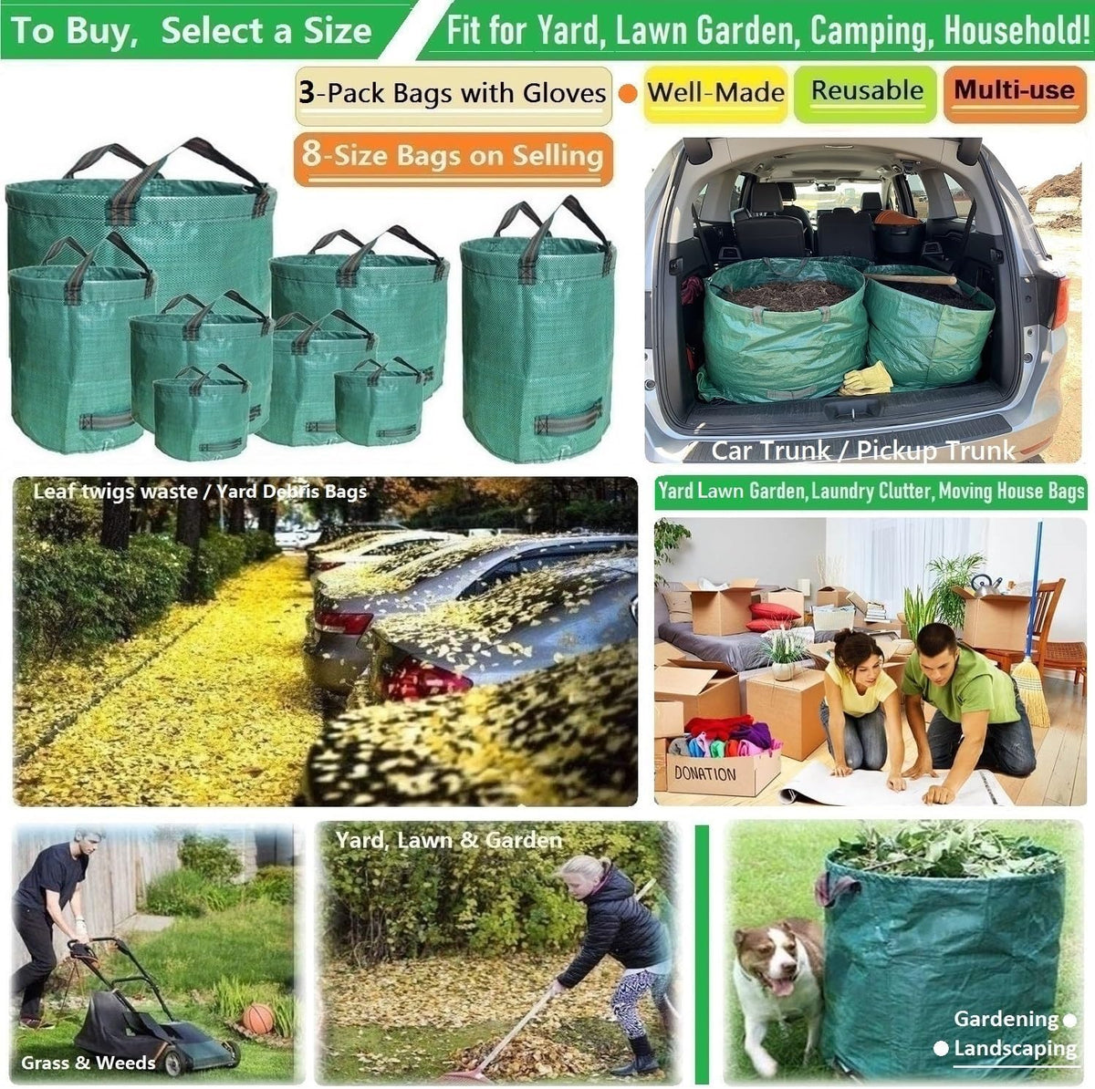 Standard 3-Pack 46 Gallon Yard Garden Bags (D26, H19 inch) with Garden Gloves, Leaf Bags,Yard Waste