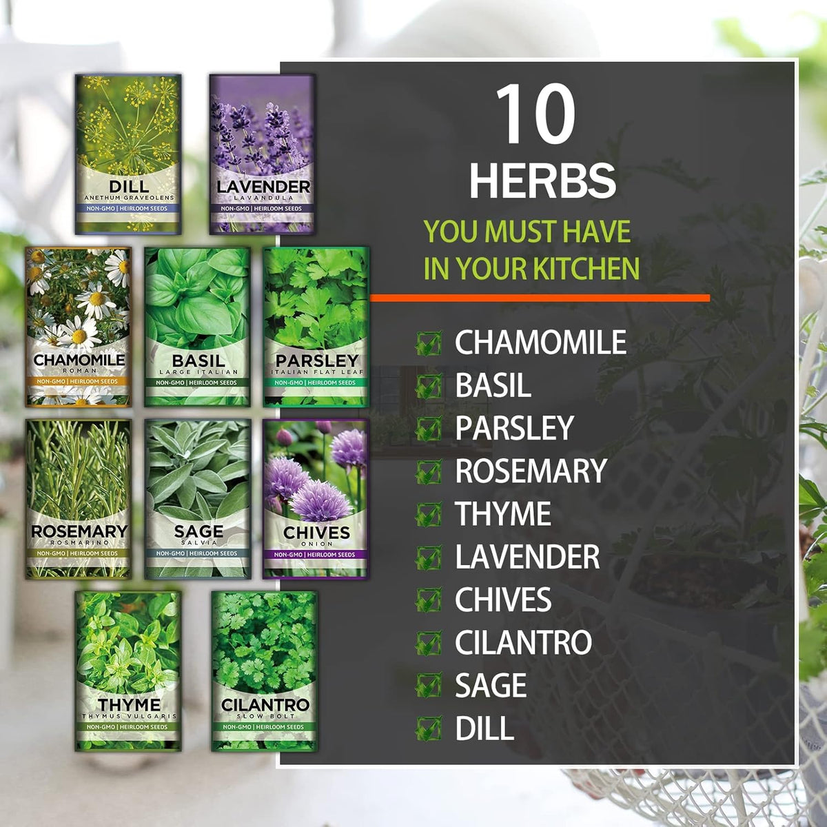 10 Kit Non-GMO Growing into Thyme, Lavender, Chamomile, Dill, Chives, Cilantro, Rosemary, Basil