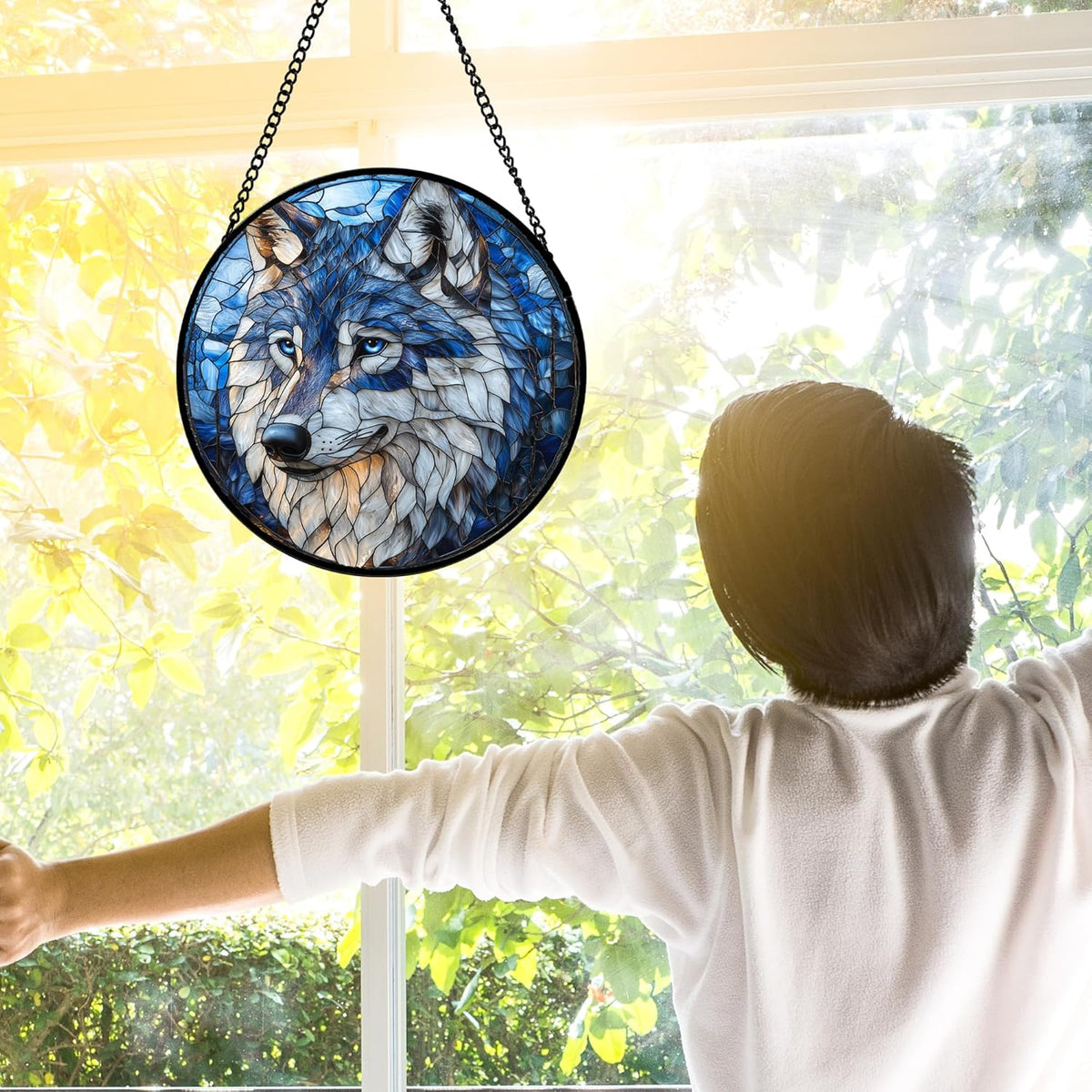 Stained Glass Window Hanging - Funny Wolf Suncatcher Ready to Hang Window Doors Home Decoration and