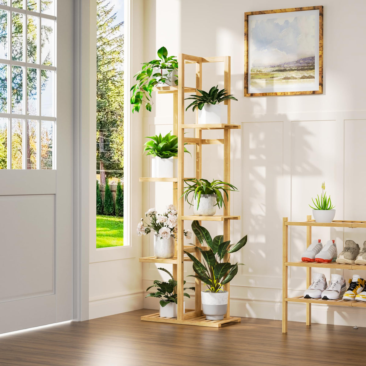 ROMGUAR CRAFT 6 Tier Bamboo Plant Stand Indoor, Wood Tall Flower Holder Corner Tiered Plant Shelf