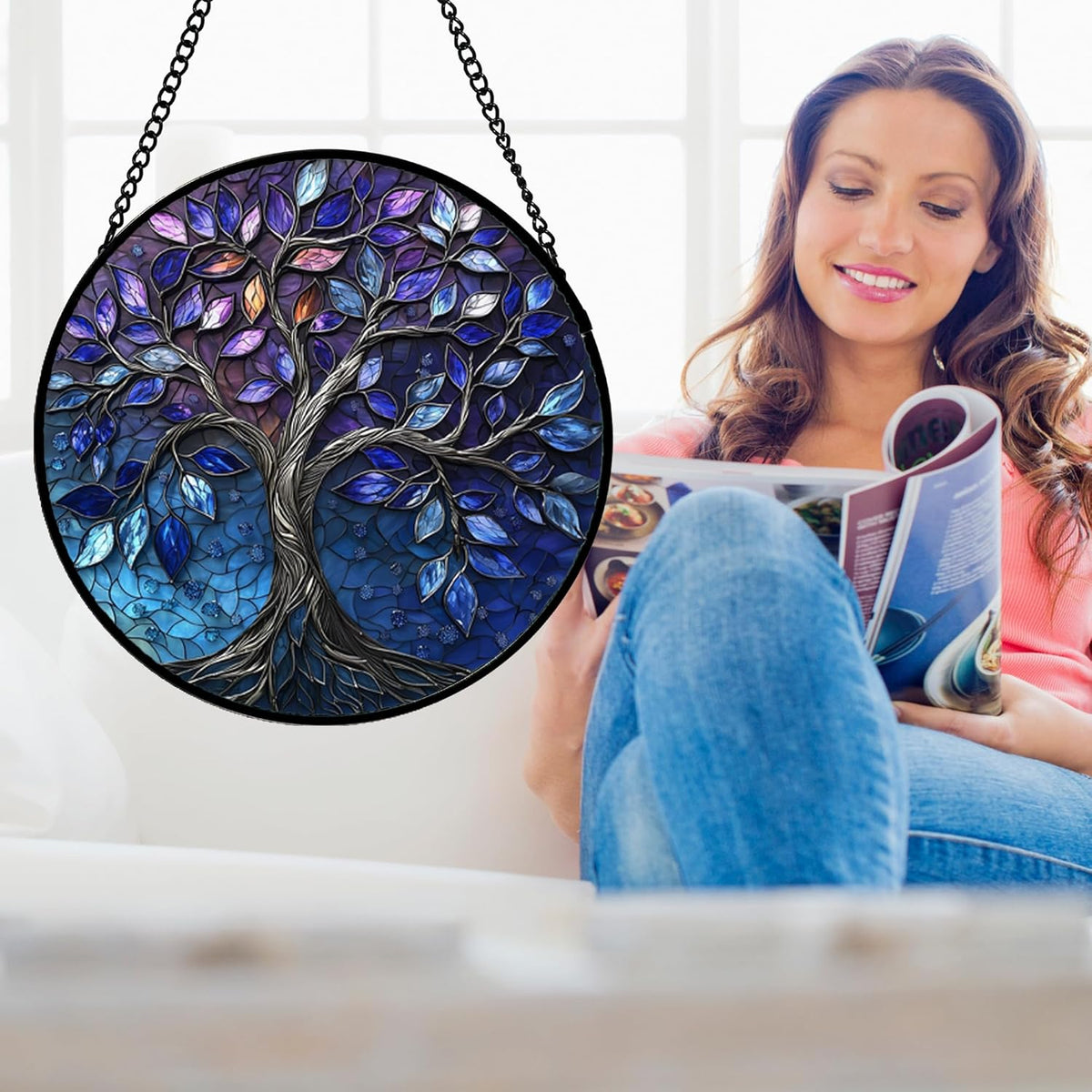 Stained Glass Window Hanging, Blue Purple Tree of Life Sun Catchers Colorful Glass Panel Plants