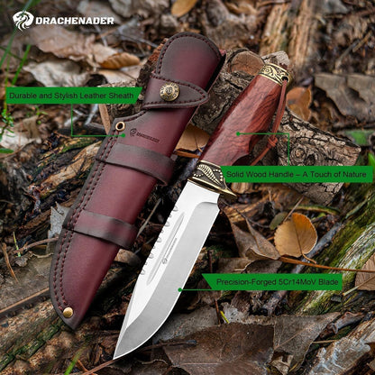 Fixed Blade Hunting Knife with Horizontal Leather Sheath YU-LN, 10.63" Bushcraft Knife for Men with