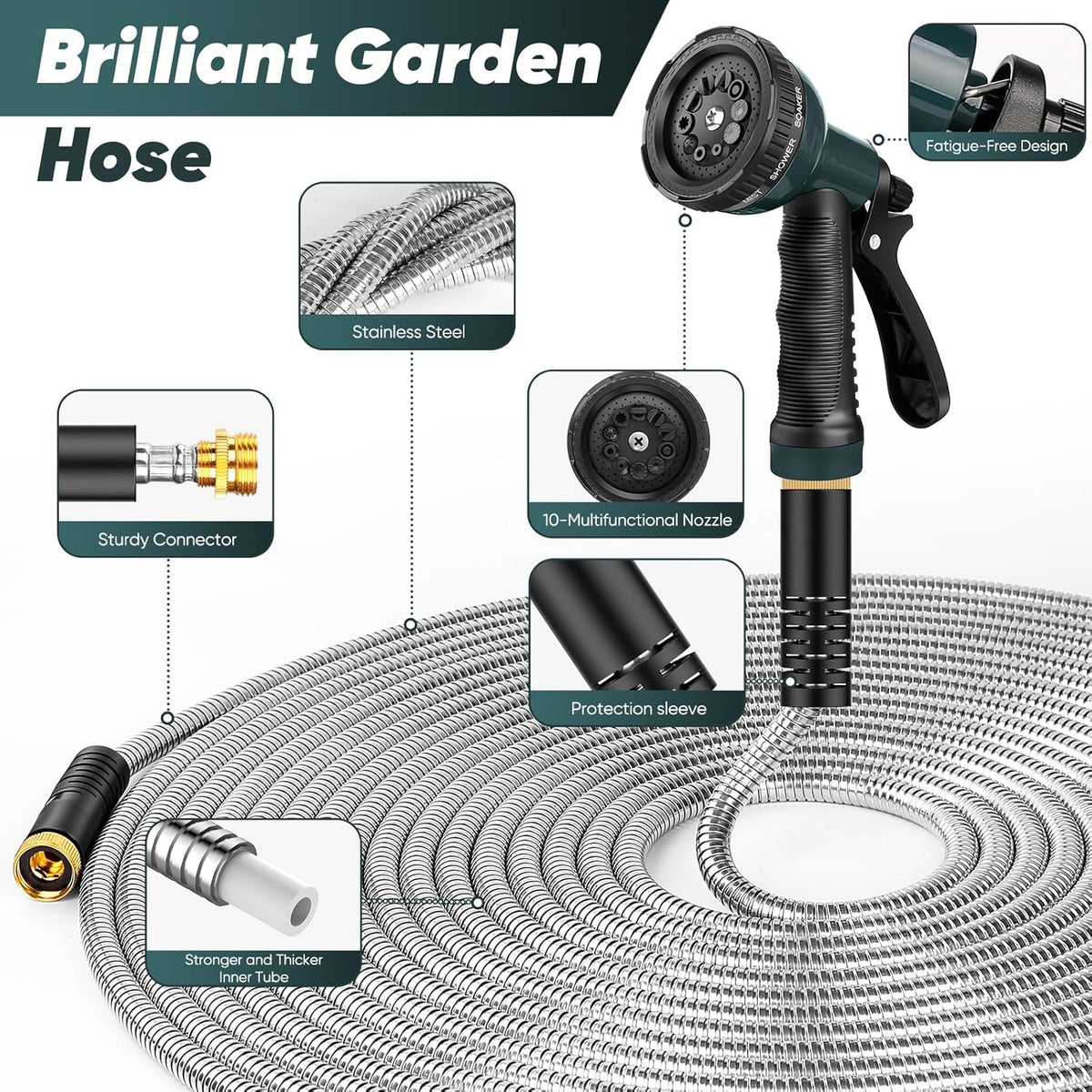 Garden Hose 100 FT with 10-Function Nozzle, Leak-proof Metal Connector Water Hose, No Knots