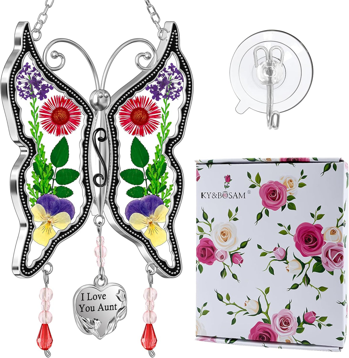 KY&BOSAM Gift for Aunt Suncatcher Butterfly I Love You Aunt Gift Stain Glass Suncather for Window