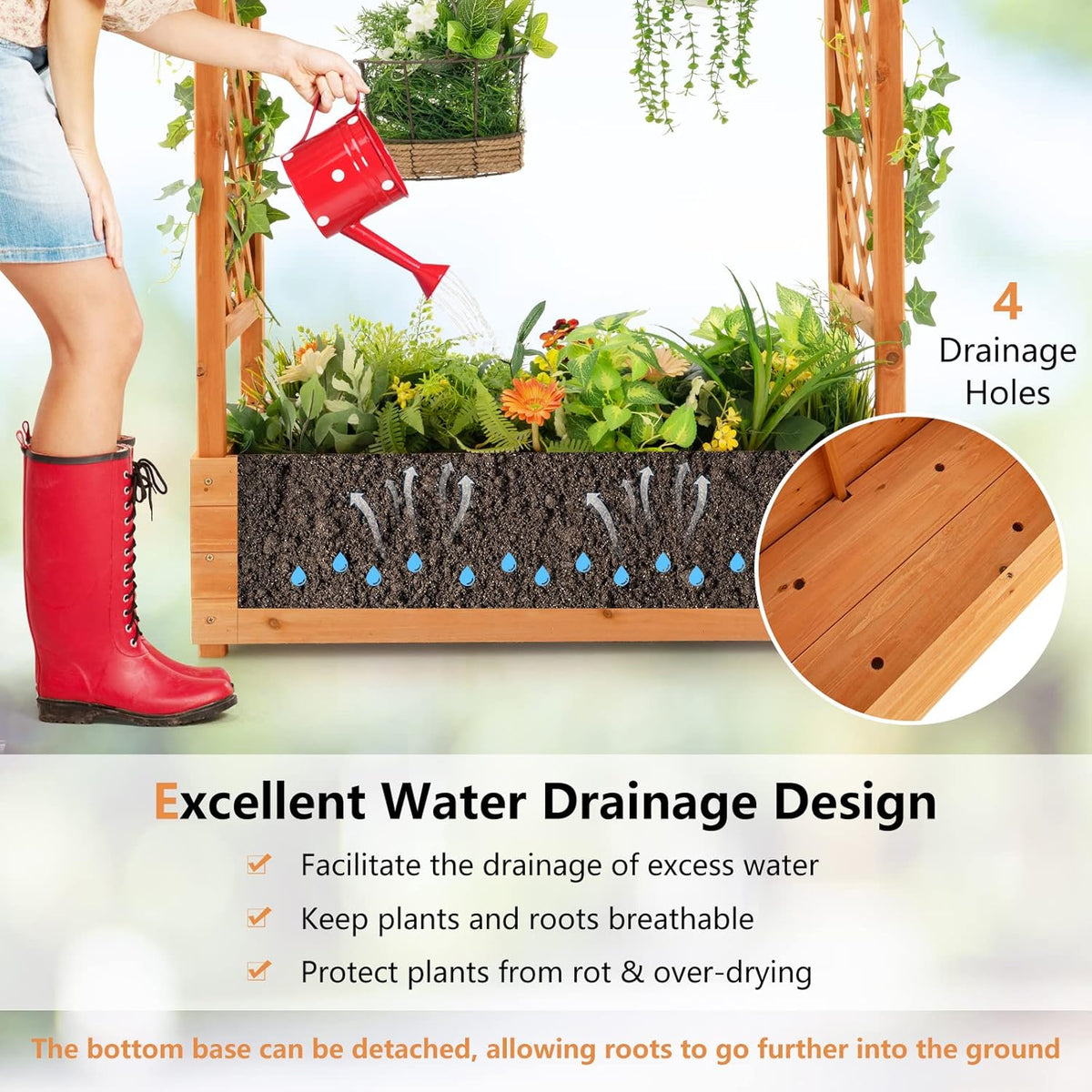 S AFSTAR Raised Garden Bed with Arch Trellis, Wood Planter Box with Hanging Roof, Side Trellis, 4