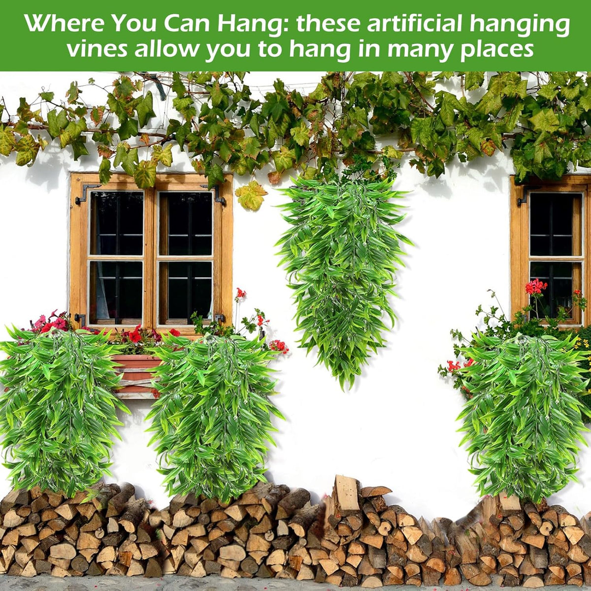 Hoteam 12 Pcs Artificial Hanging Plants 32 Inch Fake Ivy Vines with Fake Leaves Patio Artificial